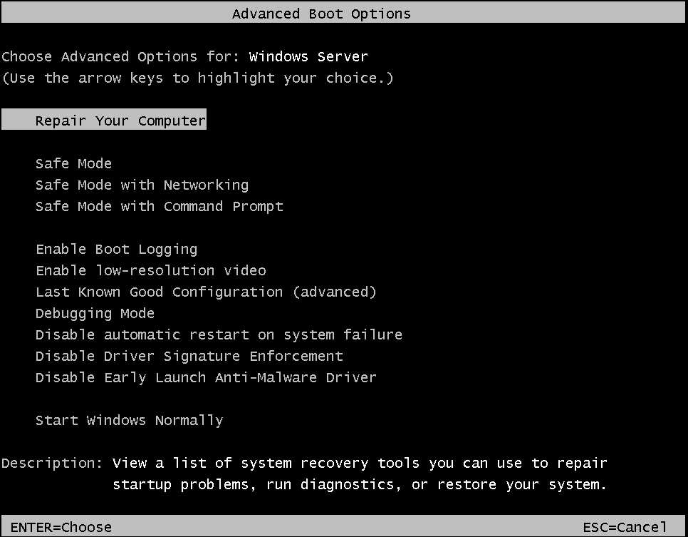 F8 Advanced options for windows server